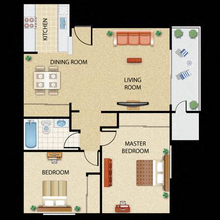 Floor plan for 2 beds, 1 bath, 802 sqft